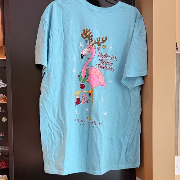 Simply Southern Tops - Simply Southern Women’s Teal Flamingo Christmas Tee XL